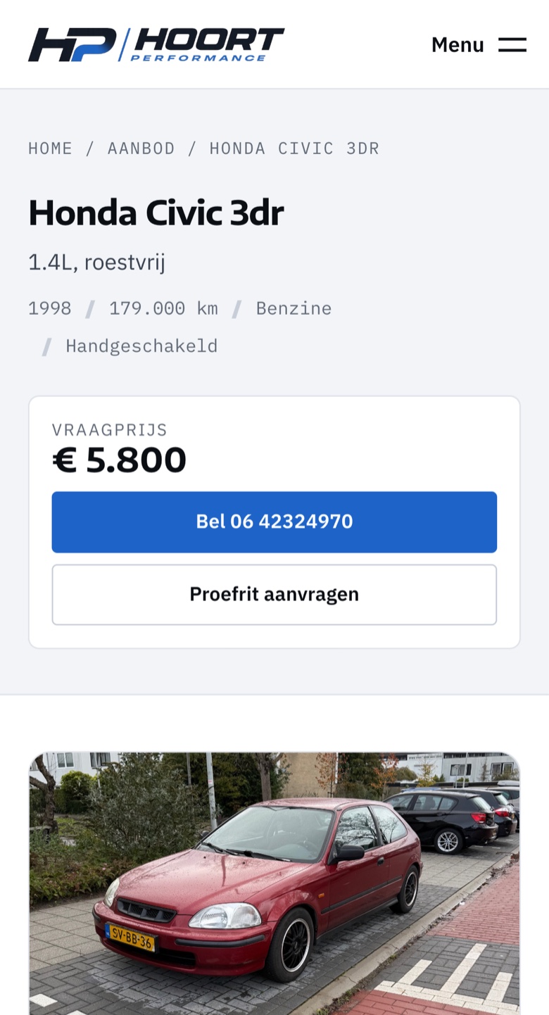 Detailpagina van een auto op een Garagemaatje-website, op mobiel