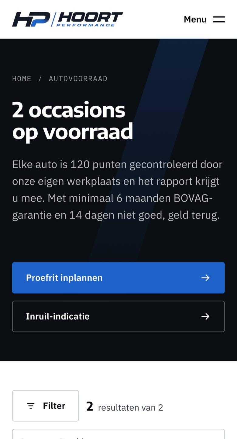 Voorraadoverzicht van een Garagemaatje-website op mobiel