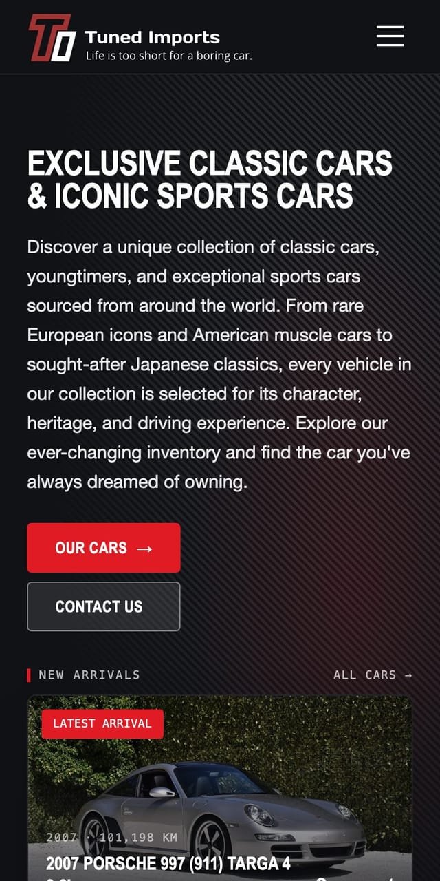 De vernieuwde website van Tuned Imports op een telefoon