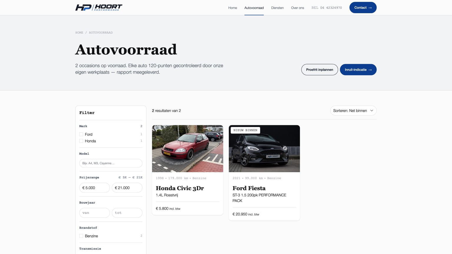 Voorraadoverzicht van een Garagemaatje-website